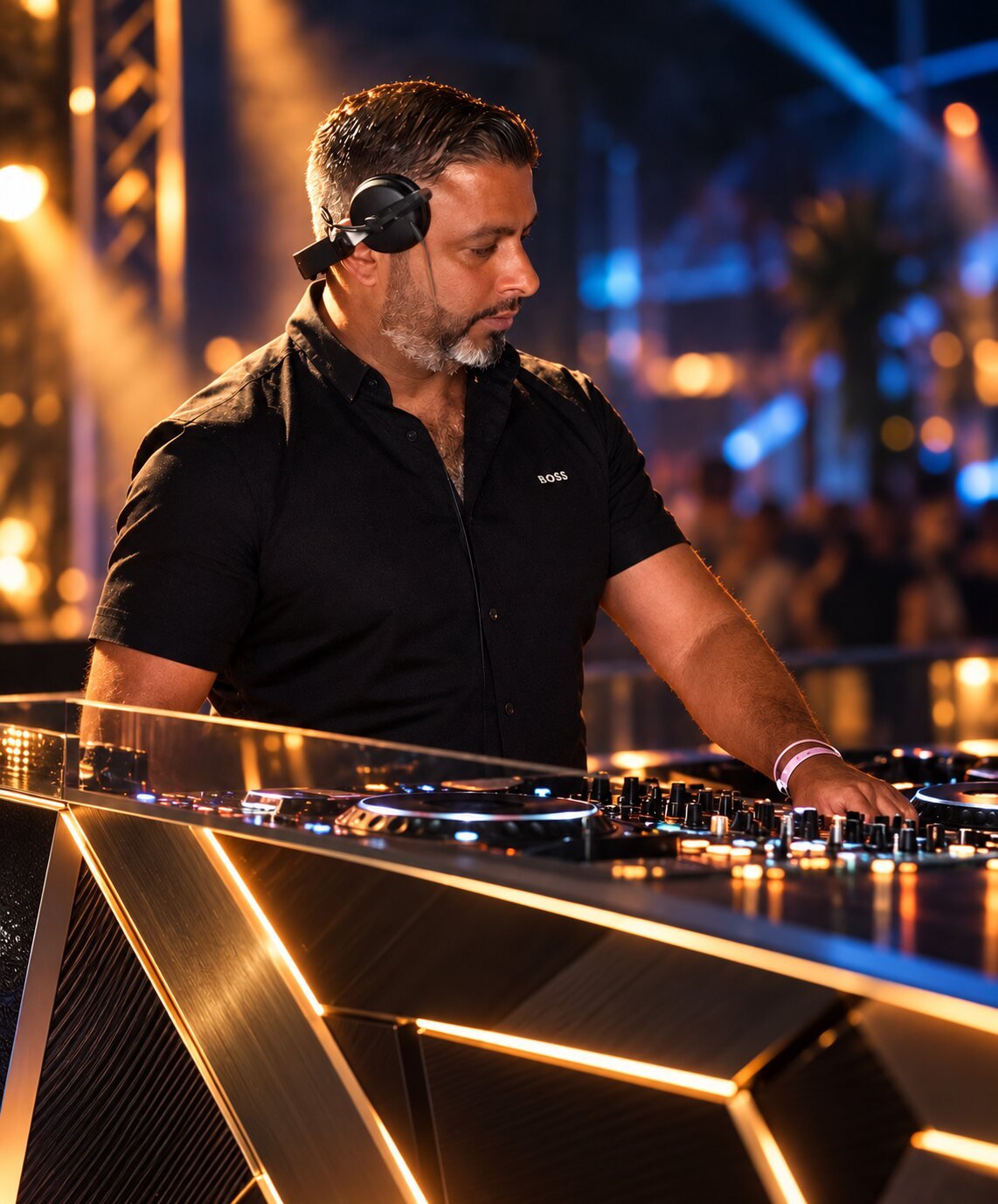 DJ Mani mixing behind an illuminated booth at a night event
