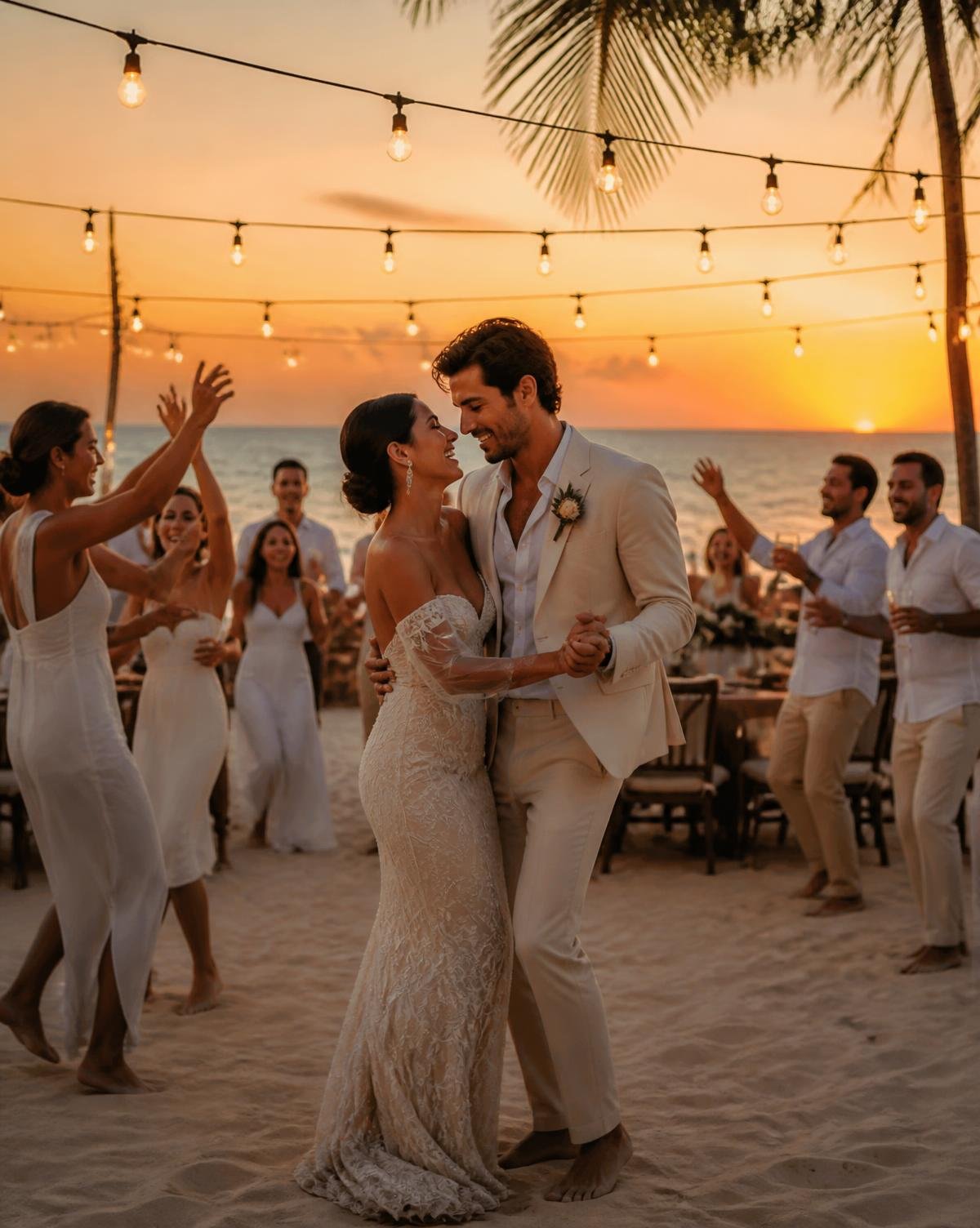 Destination beach wedding first dance at sunset with string lights